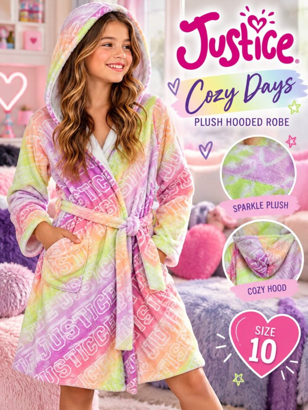 Justice Girls Rainbow Sparkle Plush Hooded Fleece Robe Pastel Size 10 Bathrobe